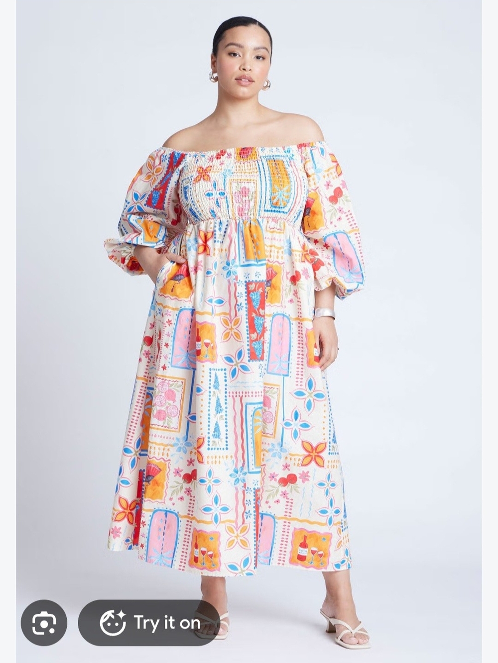 Eloquii Off-Shoulder Patchwork Midi Dress - Pink & Yellow. Sz 18 100% Cotton